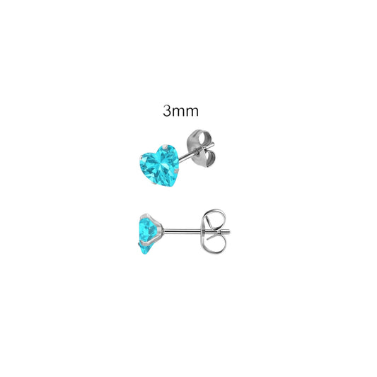 RVS hartjes oorstekers aqua blauwe zirkonia – 3-8 mm