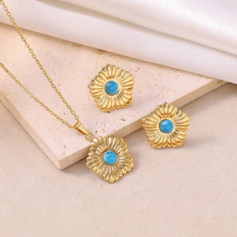 RVS bloemen sieradenset met blauwe steen – Ketting 45 cm