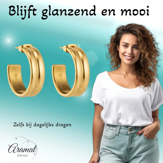 Oorbellen – 23mm Half-Hoop 2 Strepen RVS Goudkleur Dames