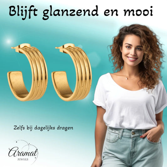 Oorbellen – 23mm Half-Hoop Streeprelief RVS Goudkleur Dames