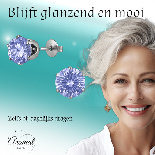 Silver-colored Zirconia Earrings 7mm Purple