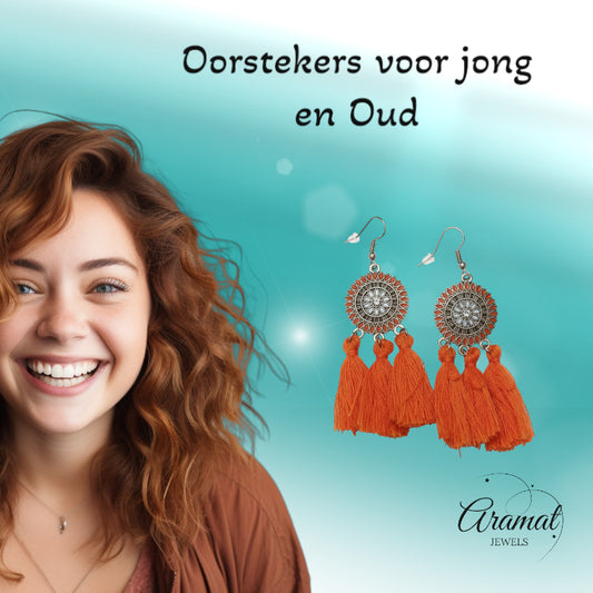 Oranje bohemian oorhangers met 3 kwastjes, roestvrij staal, 75mm, handgemaakte statement oorbellen zomer