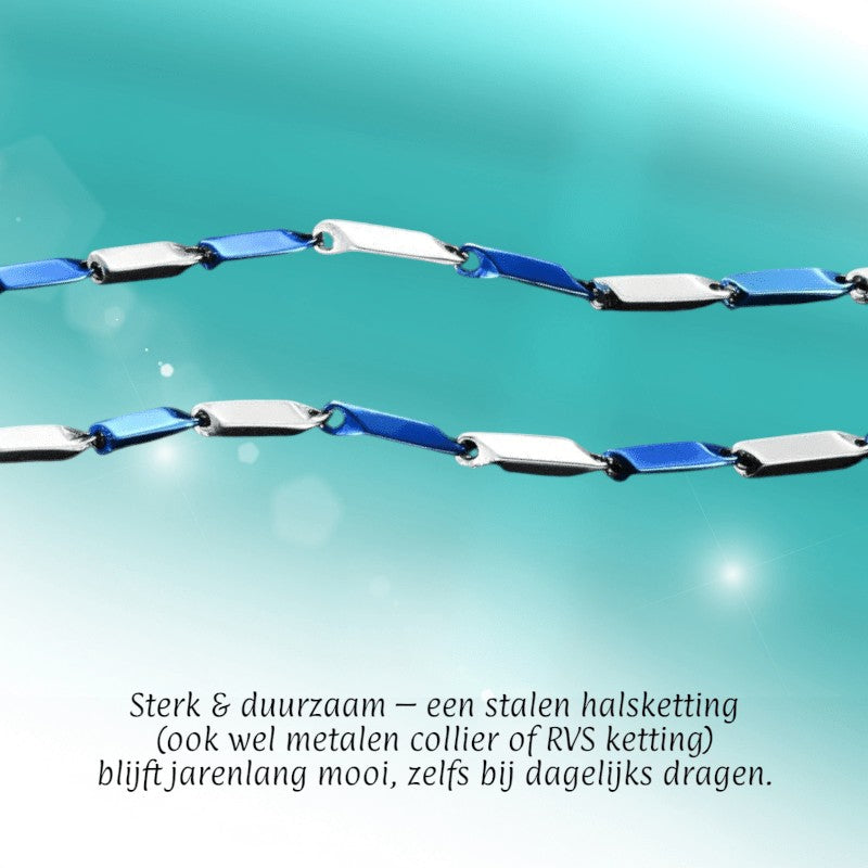 Aramat Jewels bicolor bamboo ketting van blauw en zilverkleurig RVS, 60cm lang en 3mm breed voor heren en dames.