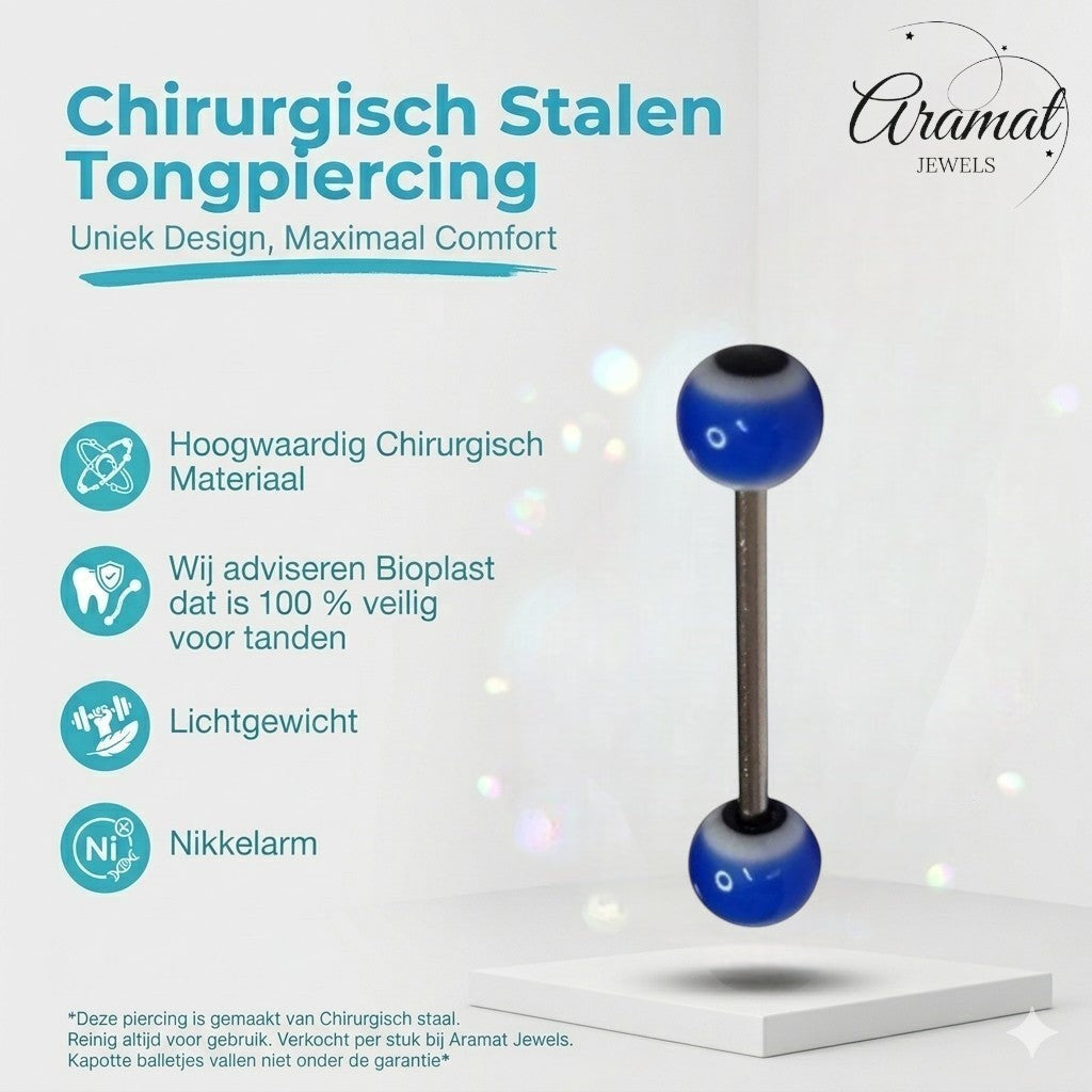 Aramat Jewels steel tongue piercing with blue, white, and black acrylic balls. Features a silver-tone bar.
