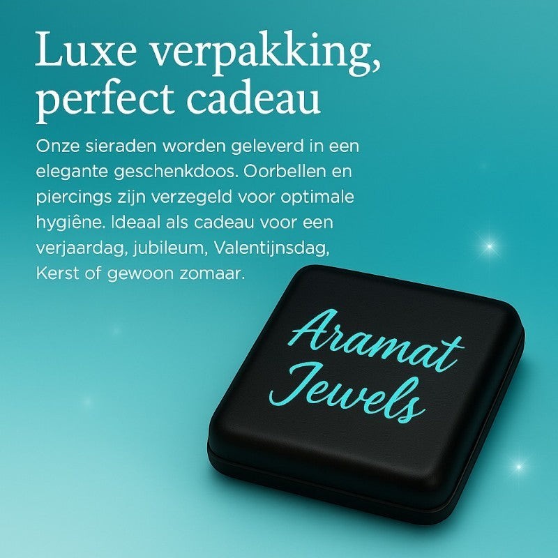 Aramat Jewels black gift box with turquoise logo, ideal for luxury packaging and perfect gifts.