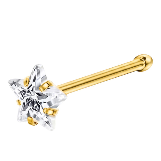 Aramat Jewels goudkleurige neuspiercing met een 3mm stervormige zirkonia steen op een recht staafje van roestvrij staal.