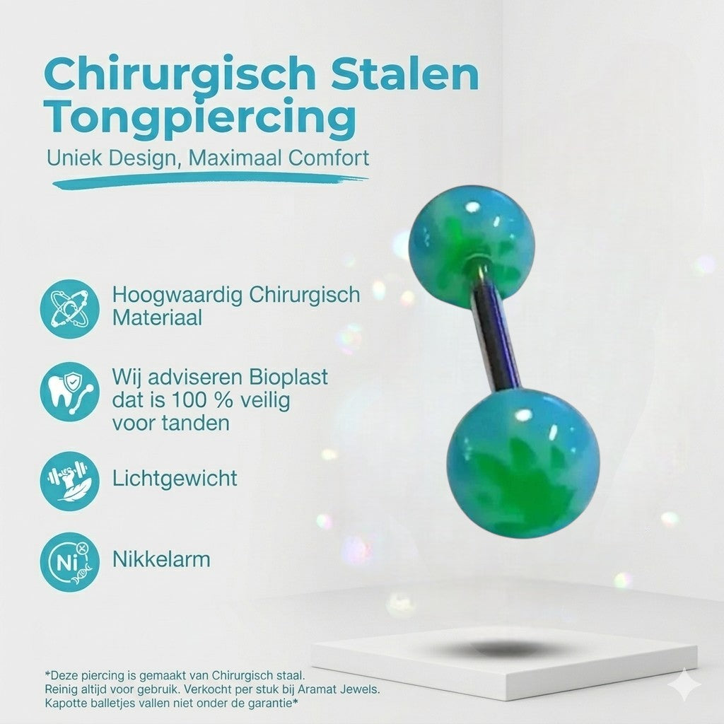 Aramat Jewels green and blue weed leaf tongue piercing made of surgical steel with a unique, eye-catching design.