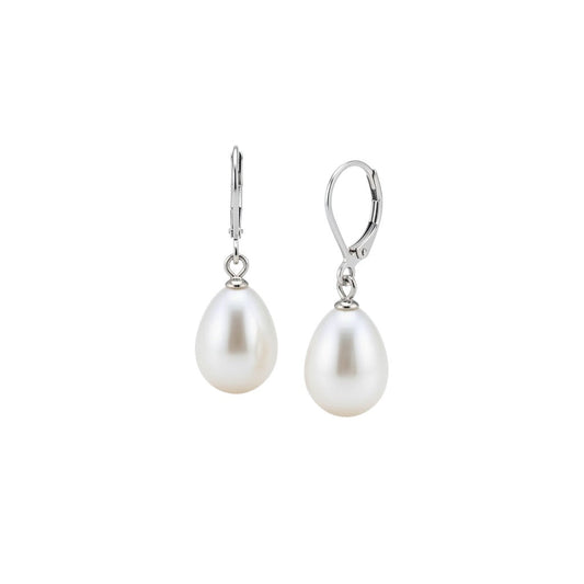 Aramat Jewels silver-tone stainless steel drop earrings featuring elegant white pearls on a white background.