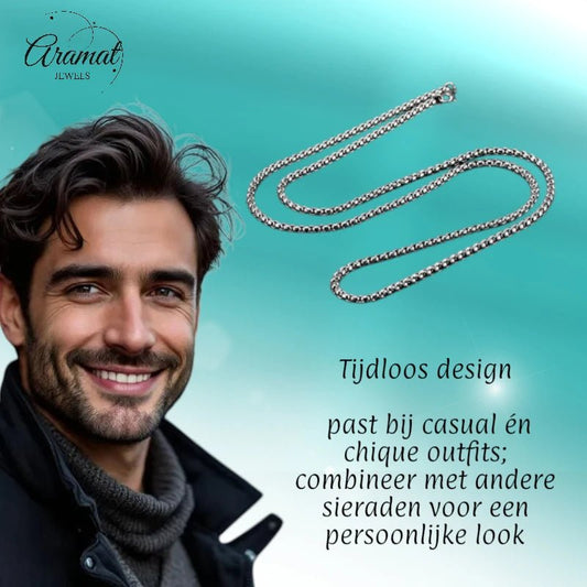 Aramat Jewels unisex 4mm silver-colored stainless steel cable chain necklace worn by a smiling man