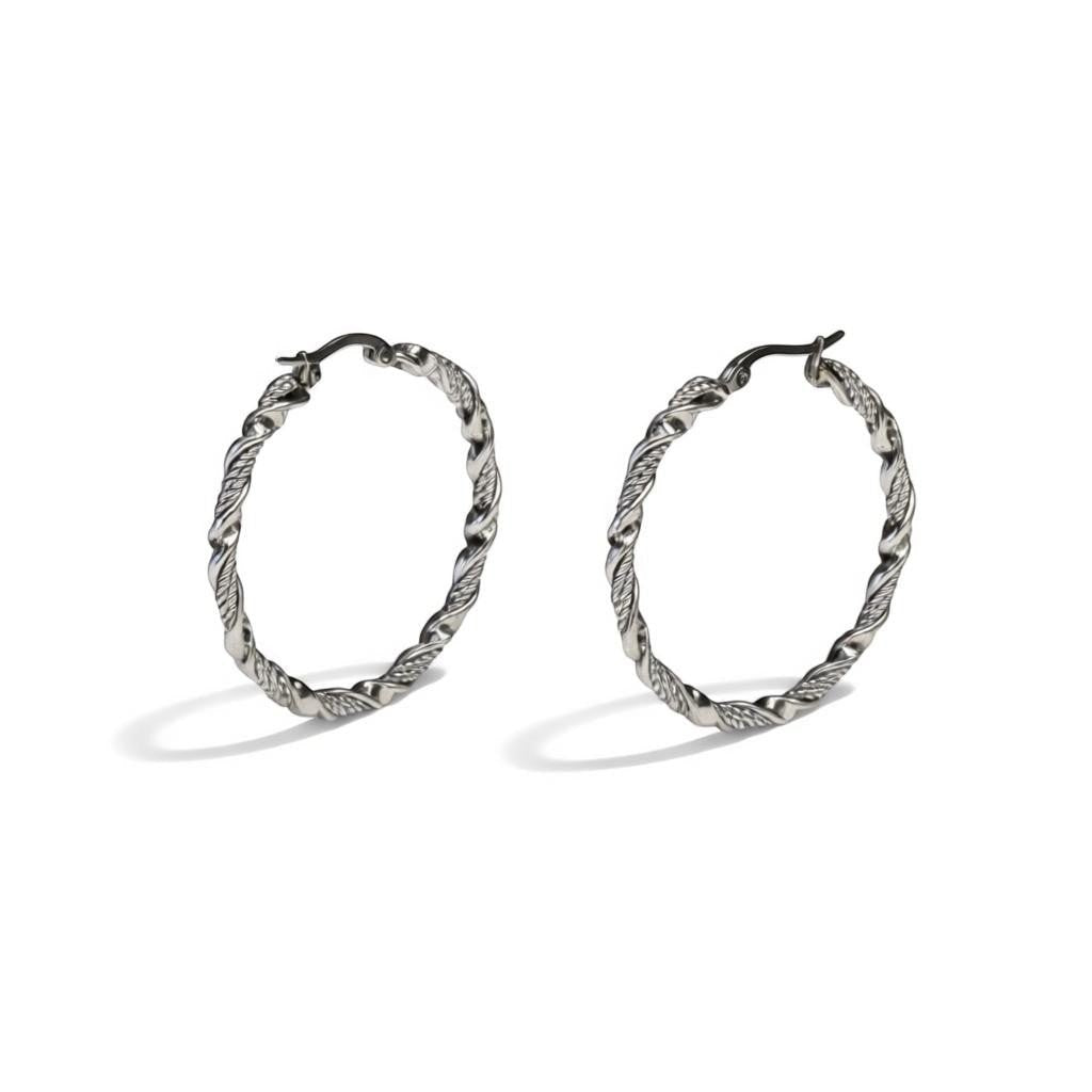 Aramat Jewels silver-tone stainless steel twisted hoop earrings, 30mm or 40mm diameter, 3mm width, with a shiny finish and hinge clasp.