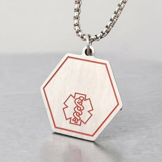 Aramat Jewels zeshoekige medische hanger van roestvrij staal met rode Staf van Aesculapius en bijpassende ketting