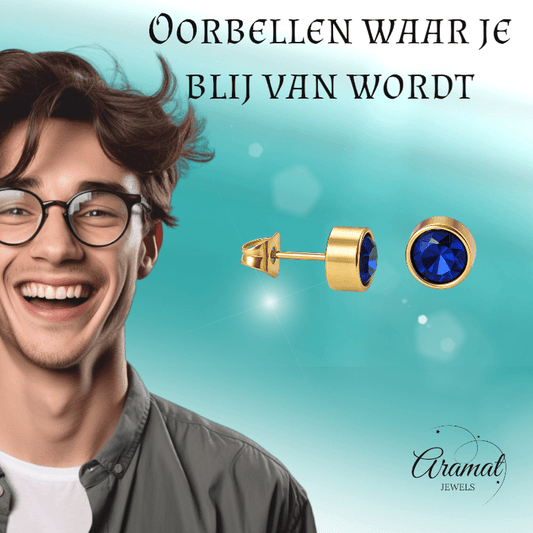 Goudkleurige oorbellen met donkerblauwe zirkonia – 7 mm - oor2067 - XE58221 - Oorbellen kopen# - 7mm - alles - blauw