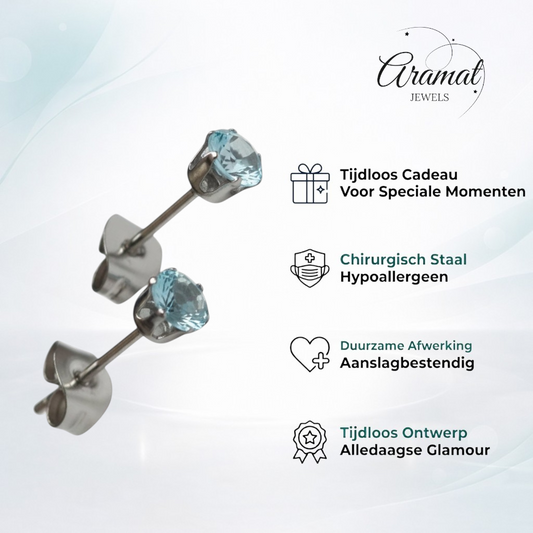 Steel Stud Earrings with Light Blue Zirconia – Gold or Silver Colored 4, 5 or 6 mm