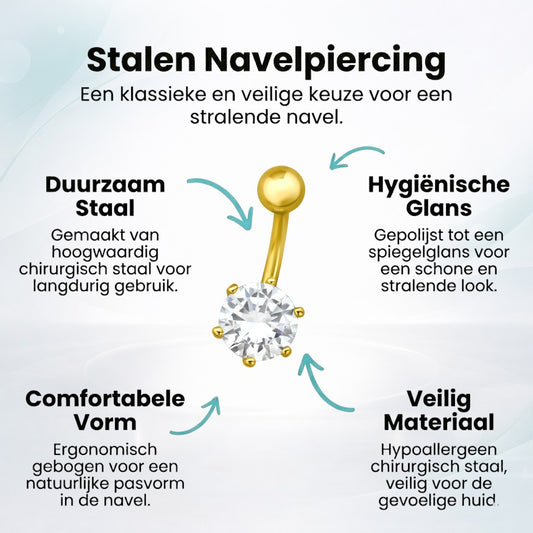 Gold-colored steel navel piercing with zirconia flower