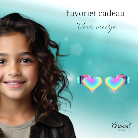 Rainbow heart stud earrings – 9x8mm cheerful stainless steel