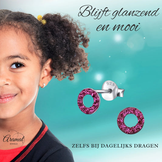 Silver open circle earrings bright pink crystal