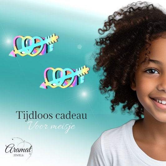 Double rainbow heart stud earrings – 10x5mm stainless steel