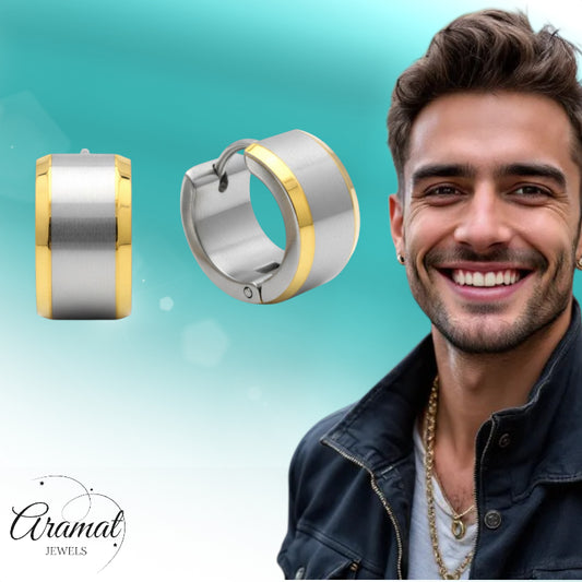 Bicolor Stainless Steel Earrings with Stripe Gold Color