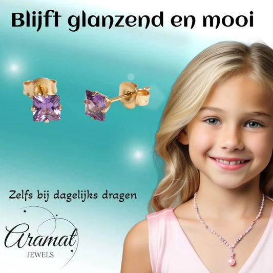 Oorbellen – RVS Goudkleur met Paarse Vierkante Zirkonia (5mm)