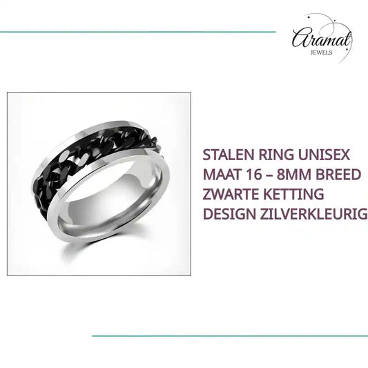 Stalen Ring Unisex Maat 16 – 8mm Breed Zwarte Ketting Design Zilverkleurig by@Outfy