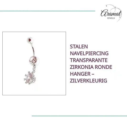 Stalen Navelpiercing Transparante Zirkonia Ronde Hanger – Zilverkleurig by@Outfy