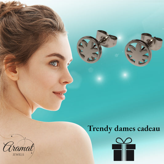 Steel Earrings with Weed Leaf Design