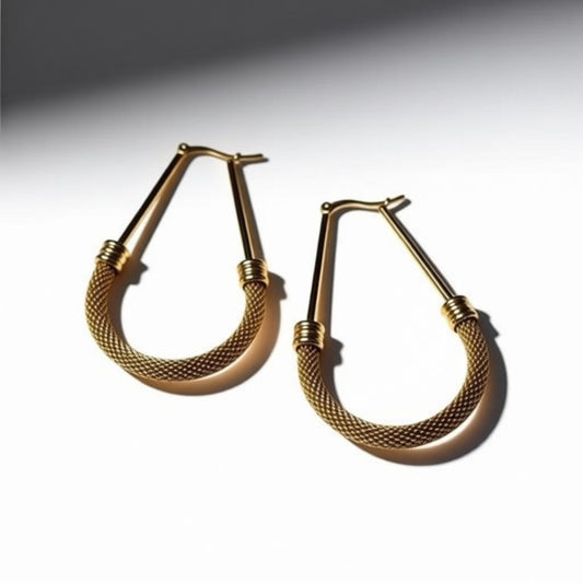 Gold-Colored Oval Steel Earrings with Mesh Link
