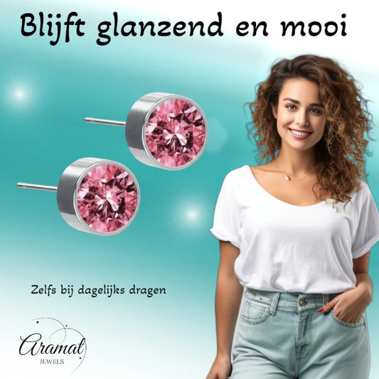 Oorstekers – Staal Kristal Roze Zilverkleur (6mm)