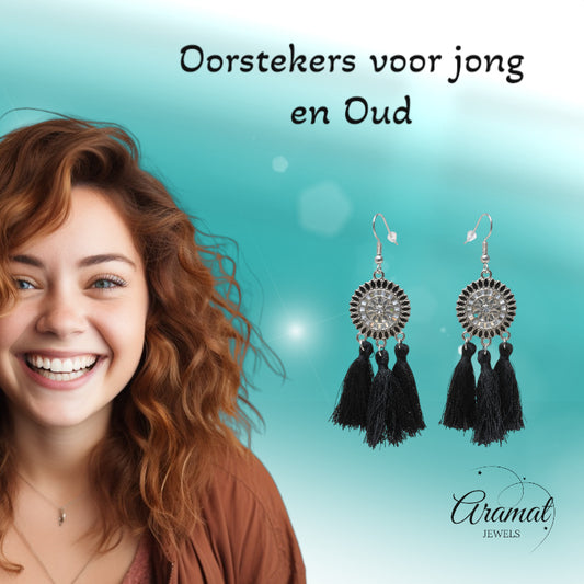 Zwarte bohemian oorhangers met 3 kwastjes, roestvrij staal, 75mm, handgemaakte statement oorbellen zomer