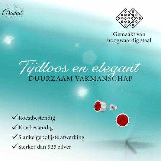 Rode kristal oorstekers – 5mm zilverkleur RVS - Aramat Jewels - Oorbellen - cadeautip