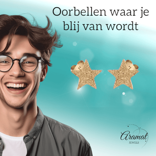 Ster oorstekers goudkleur – sandblasted – 8mm - Aramat Jewels - Oorbellen - cadeautip