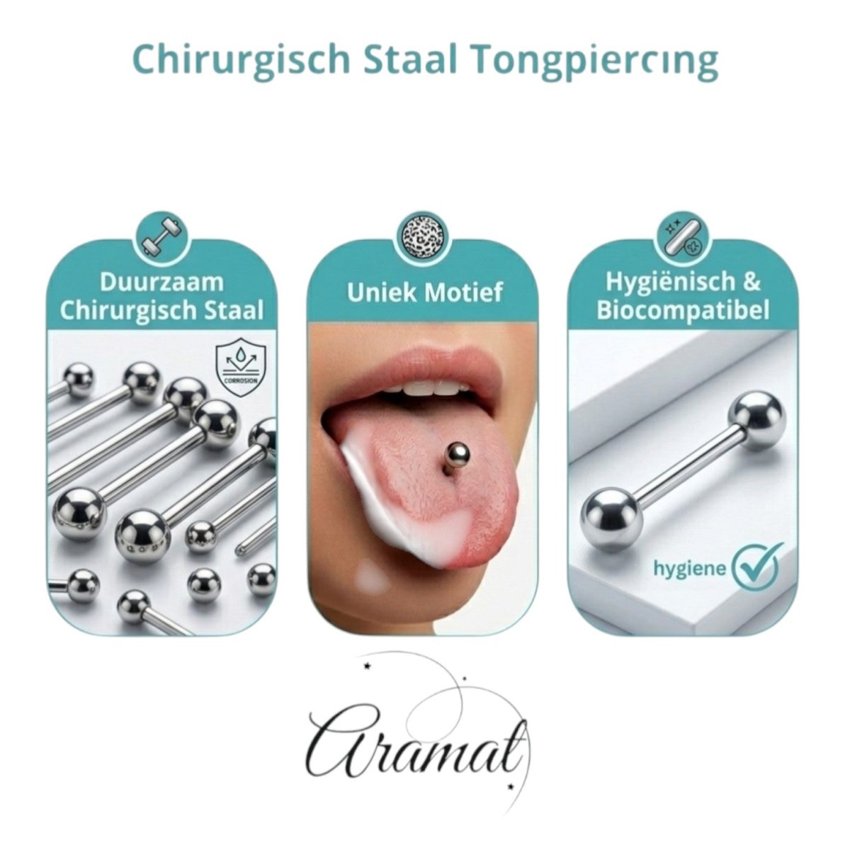 Aramat Jewels surgical steel tongue piercing with white and blue acrylic ball ends. Durable and hygienic.
