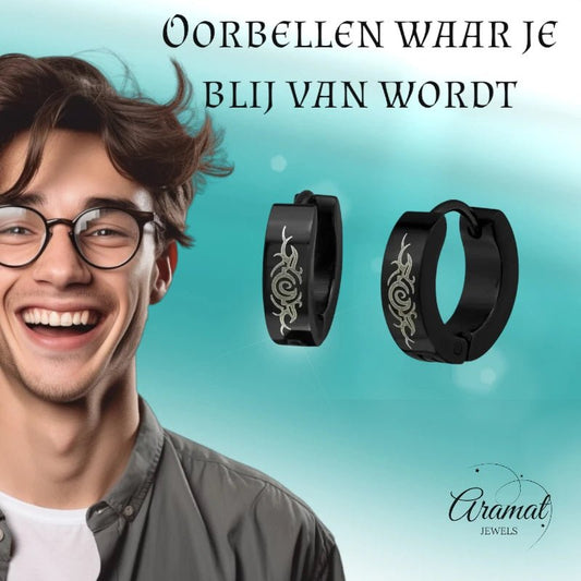 Tribal Huggies - Zwarte Oorringetjes van RVS - oor2288 - 840 - Oorringen kopen