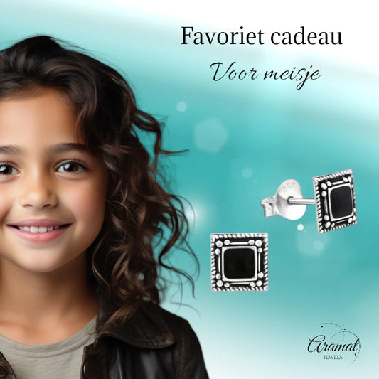 Oorstekers – 925 Zilver Bali Oorbellen Vierkant Zwart Emaille 6mm Geoxideerd