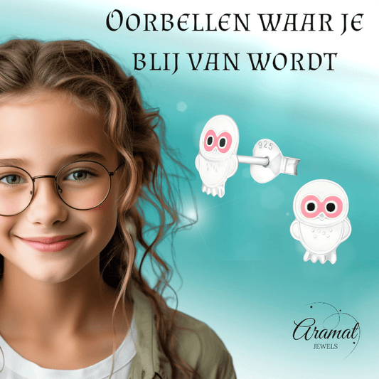 Zilveren Uiltjes Oorbellen - Wit/Roze Emaille - Cadeau - oor375 - 3683 - Oorbellen kopen