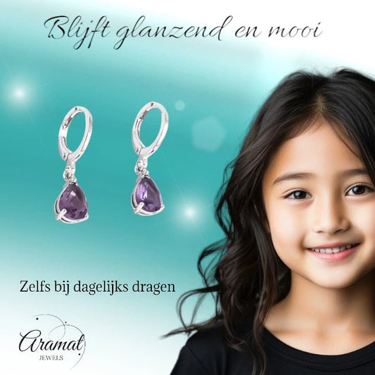 Zilverkleurige Kinder Oorringetjes – Paars Zirkonia – 25x6mm - oor6333 - 66136 - Oorringen kopen# - 10mm - alles - cadeau