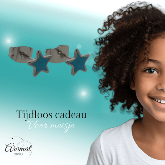 Zilverkleurige Ster Oorbellen Blauw Glitter - oor6179 - YY - Oorbellen kopen# - 6mm - alles - blauw