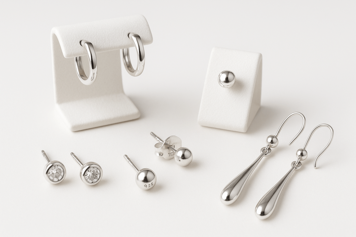 925 silver earrings: nickel-free hoops, clear-stone studs, small ball studs, and elegant teardrop drops.