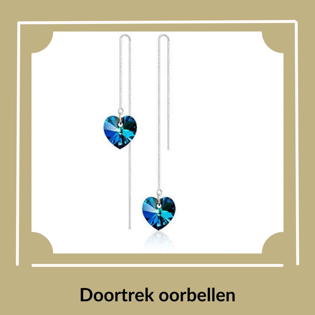 Dames Oorbellen Doortrek Oorbellen Aramat Jewels - Blauwe Hartvormige Kristallen Oorbellen Met Ketting