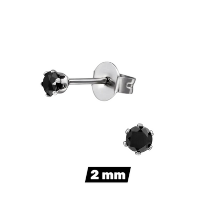 Stalen oorstekers zwarte zirkonia – Rond 2-10 mm