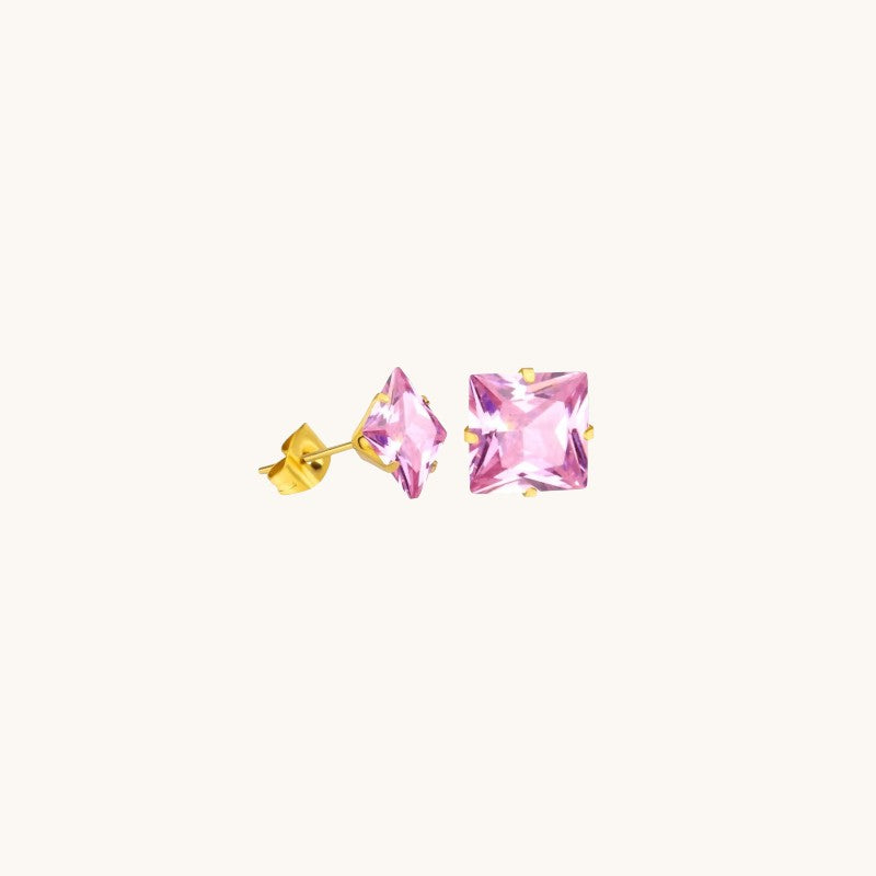 Boucles d'oreilles carrées dorées avec zircon rose