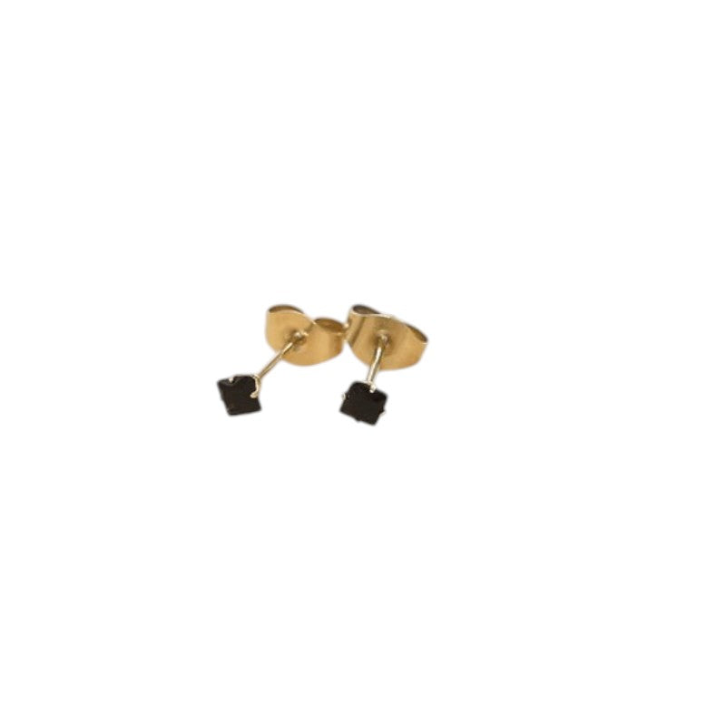Gold-Colored Steel Square Stud Earrings with Black Zirconia – 3, 4, 5 or 6 mm