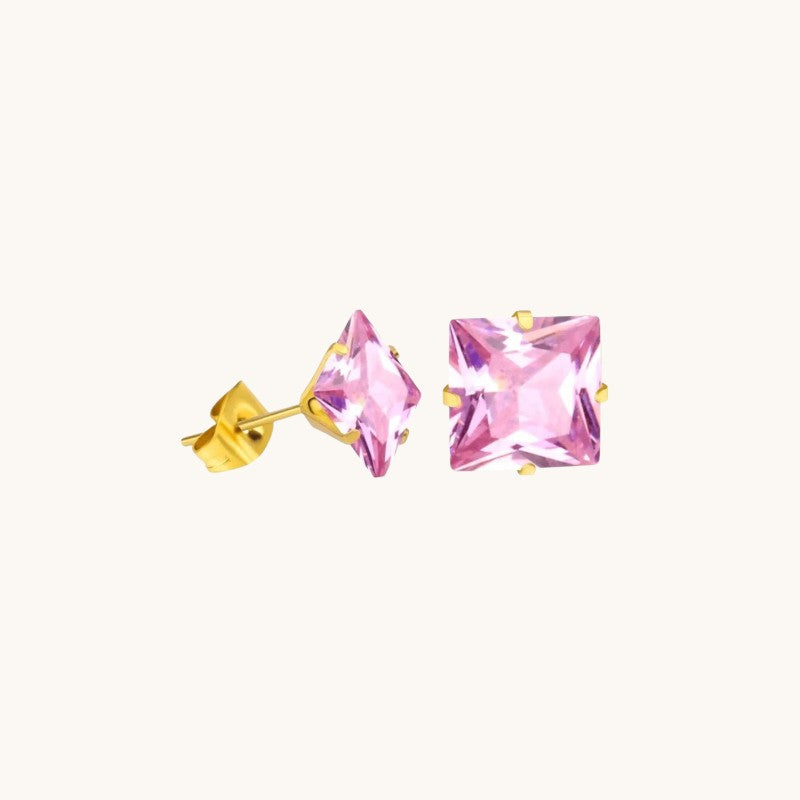 Boucles d'oreilles carrées dorées avec zircon rose