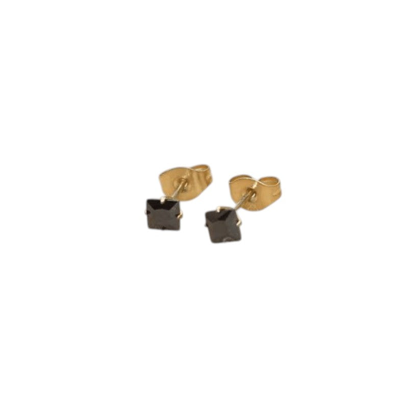 Gold-Colored Steel Square Stud Earrings with Black Zirconia – 3, 4, 5 or 6 mm