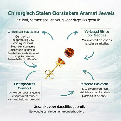 Goudkleurige Stalen Oorstekers Geboortesteen Juli – Roodoranje Zirkonia 3, 4 of 5 mm