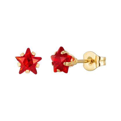 Gold-colored Steel Star Stud Earrings with Red Zirconia – 4, 5, or 6 mm