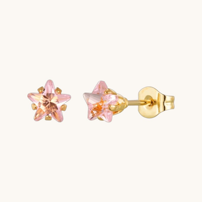 Gold-Plated Stainless Steel Star Stud Earrings with Pink Zirconia – 4, 5 or 6 mm