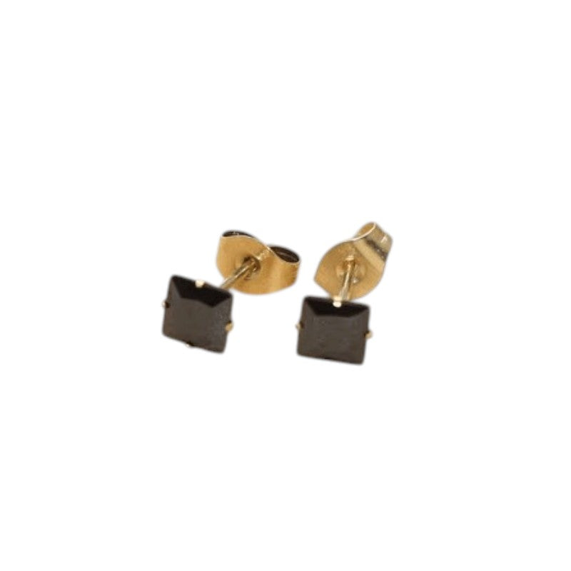 Gold-Colored Steel Square Stud Earrings with Black Zirconia – 3, 4, 5 or 6 mm