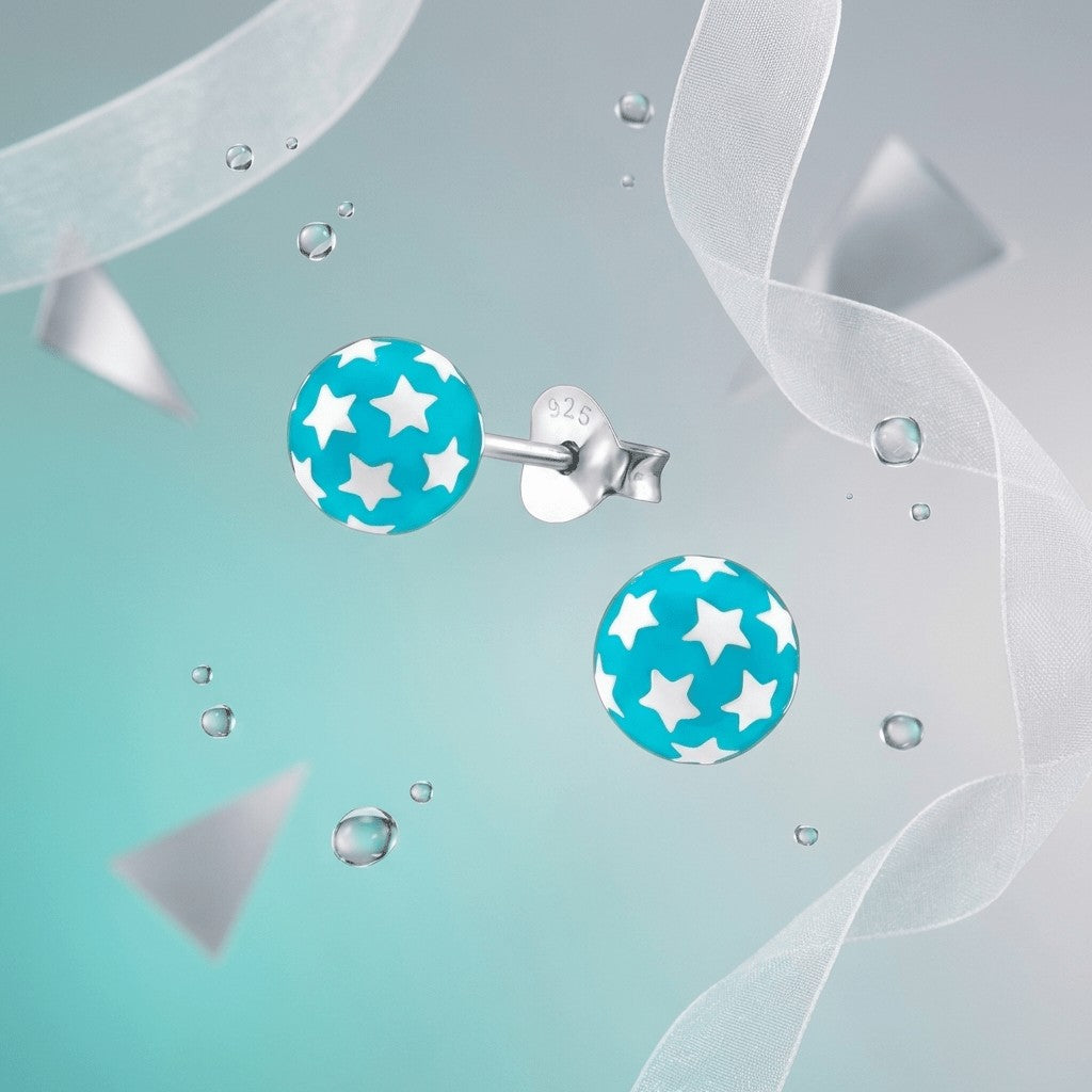 925 Sterling Zilveren Bolletjes Oorknopjes Blauw met Witte Sterretjes 6mm - Aramat Jewels - Oorbellen - cadeautip