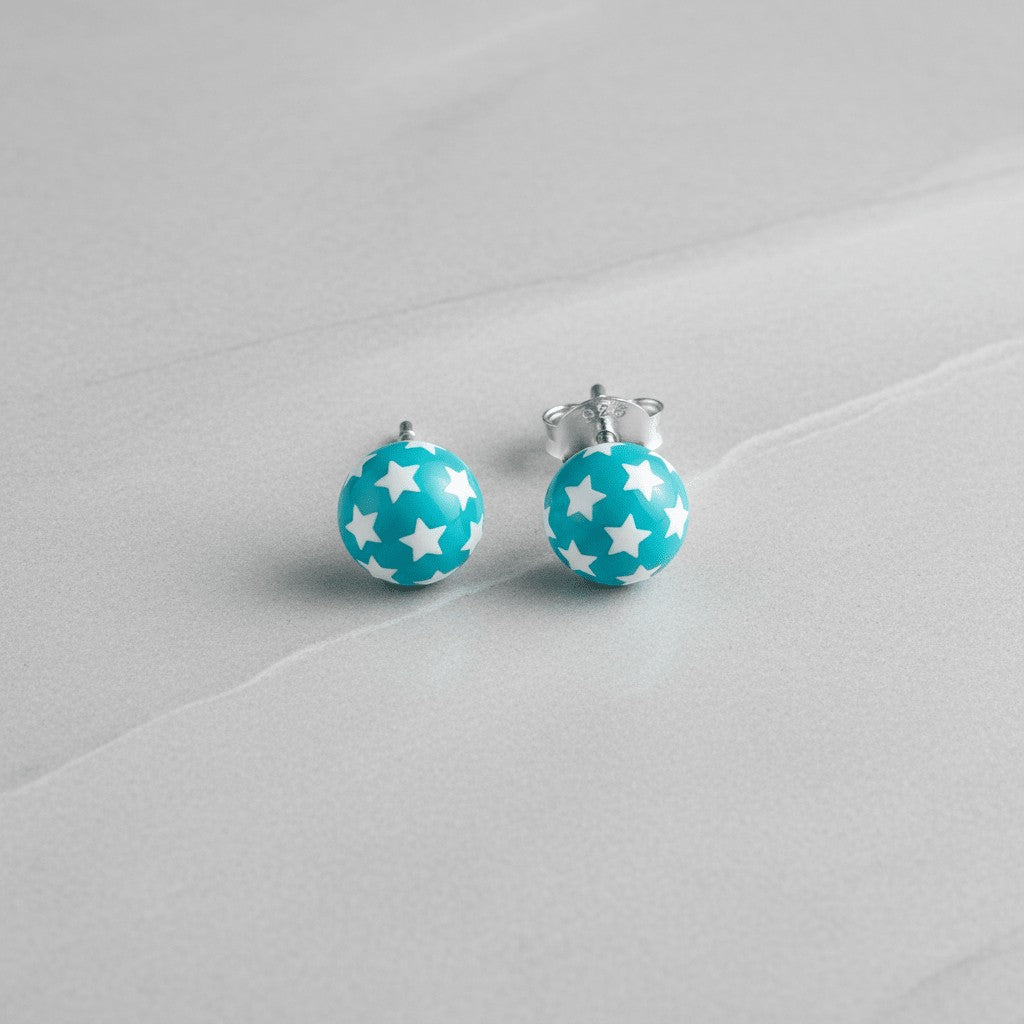 925 Sterling Zilveren Bolletjes Oorknopjes Blauw met Witte Sterretjes 6mm - Aramat Jewels - Oorbellen - cadeautip